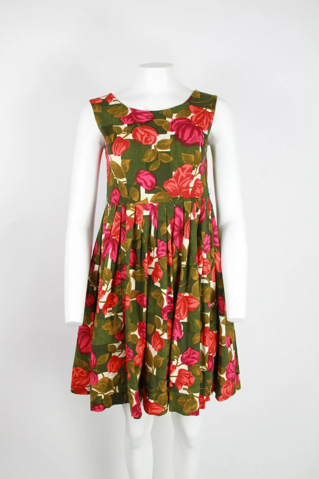 50s Dark Green and Rose pattern dress - S