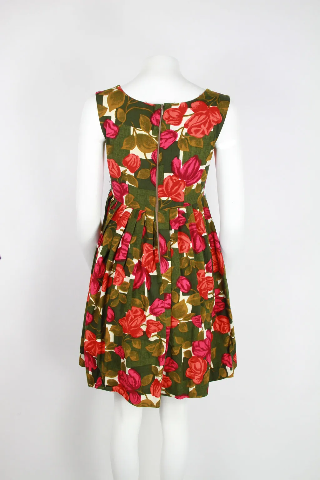 50s Dark Green and Rose pattern dress - S