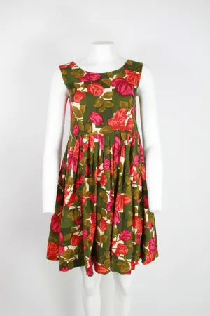 50s Dark Green and Rose pattern dress - S