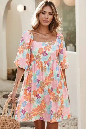 Alli - Pink Summer Floral Puff Sleeve Babydoll Dress