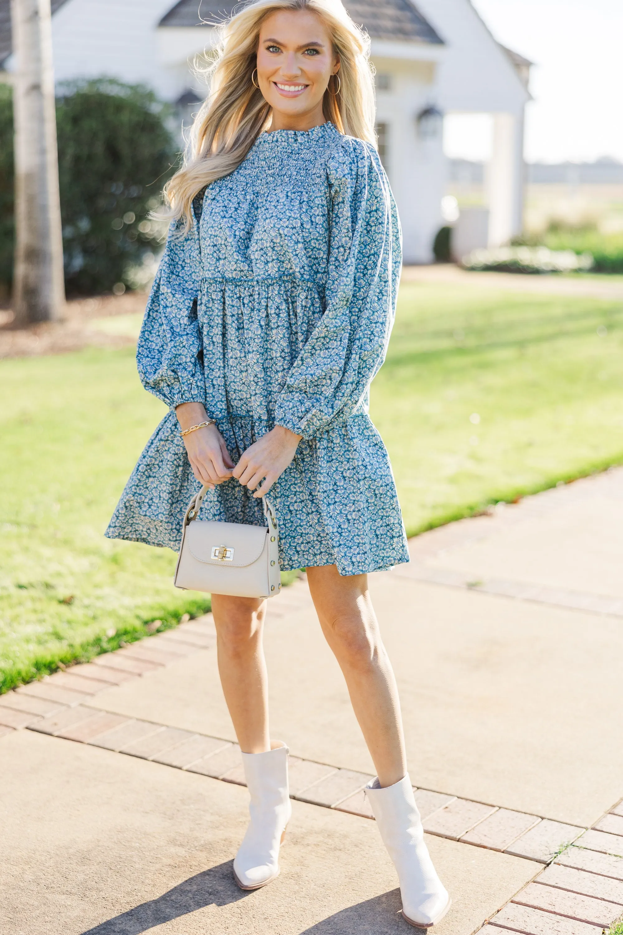 Be Your Best Blue Ditsy Floral Babydoll Dress