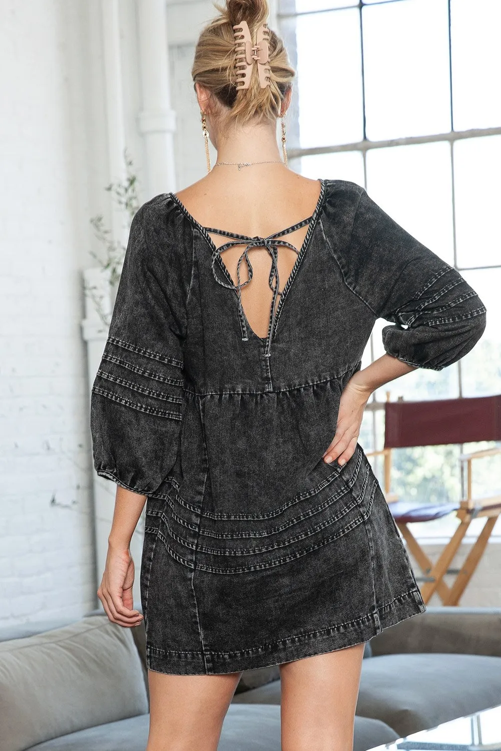 Black Acid Wash Denim V-Neck Tie Back Tiered Dress