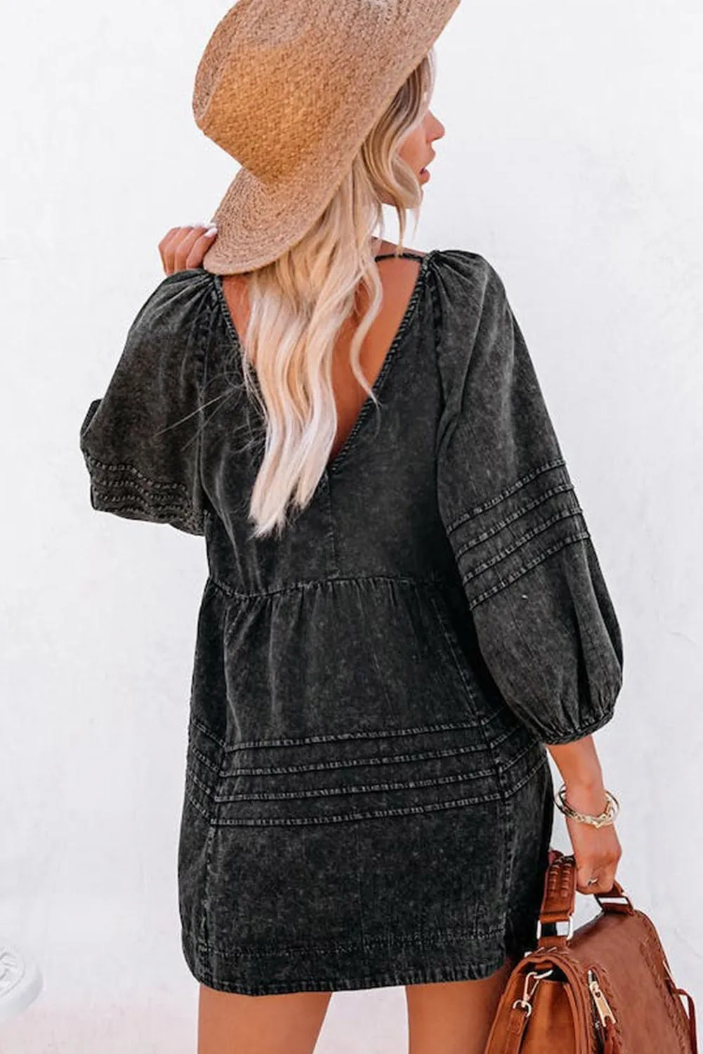 Black Acid Wash Denim V-Neck Tie Back Tiered Dress