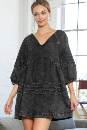 Black Acid Wash Denim V-Neck Tie Back Tiered Dress