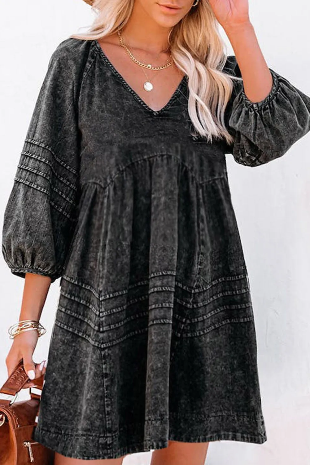 Black Acid Wash Denim V-Neck Tie Back Tiered Dress
