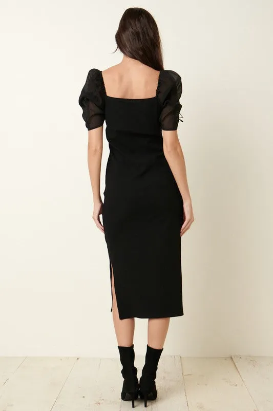 Black Ruched Sleeve Midi Dress