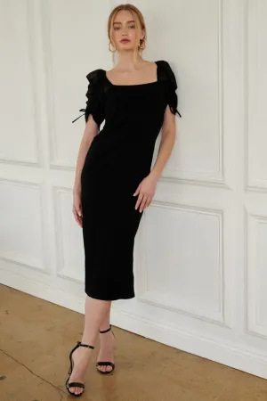 Black Ruched Sleeve Midi Dress