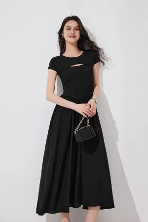 Black Short Sleeve Knit-Woven Combo Tank Dress