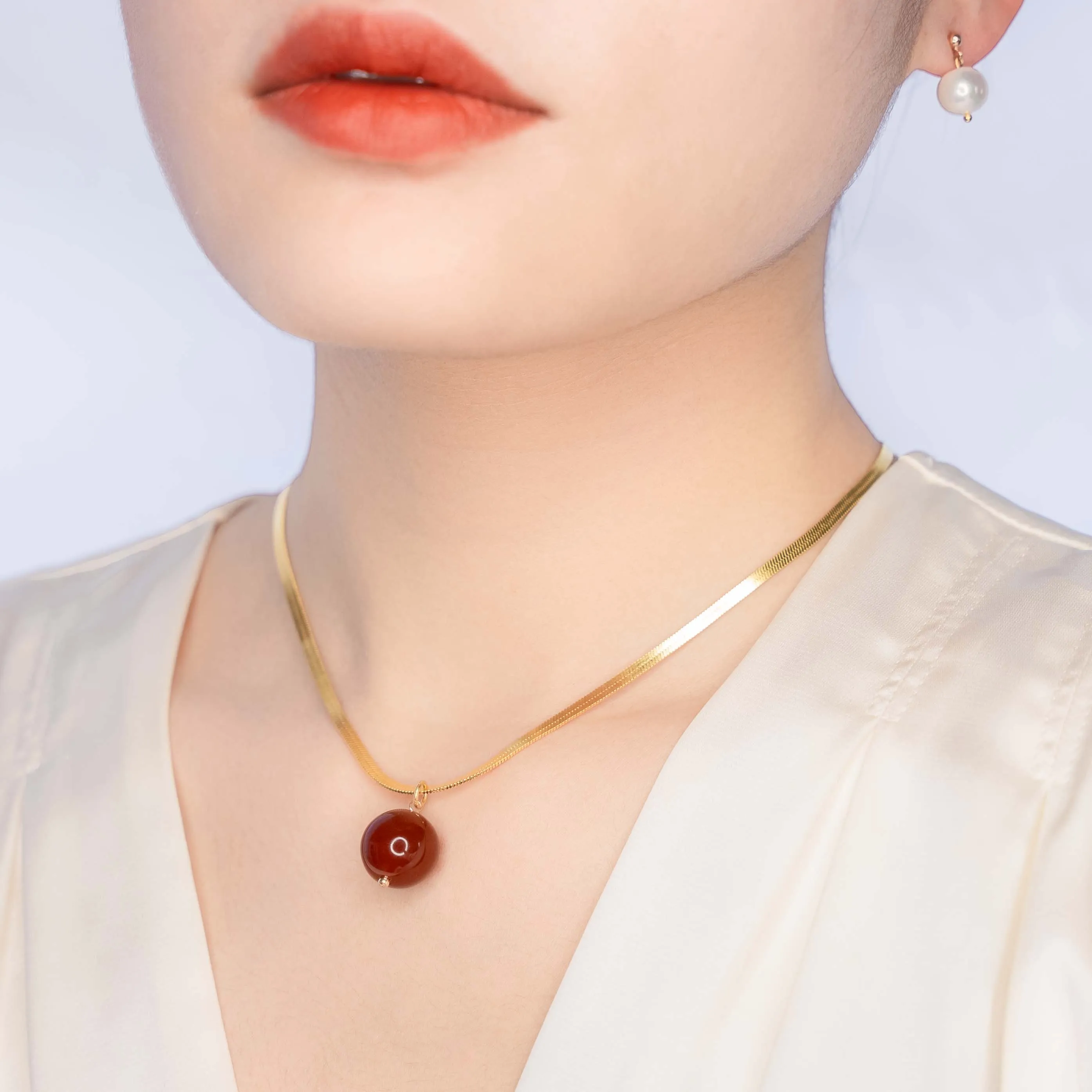Carnelian Pendant Necklace with Gold Herringbone Chain