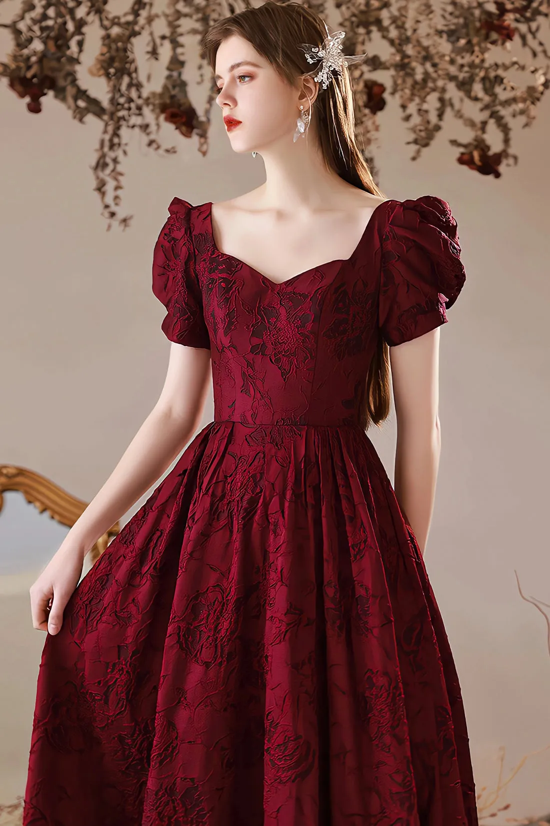 Elegant Satin Floor Length Prom Dress, Burgundy A-Line Short Sleeve Evening Party Dress