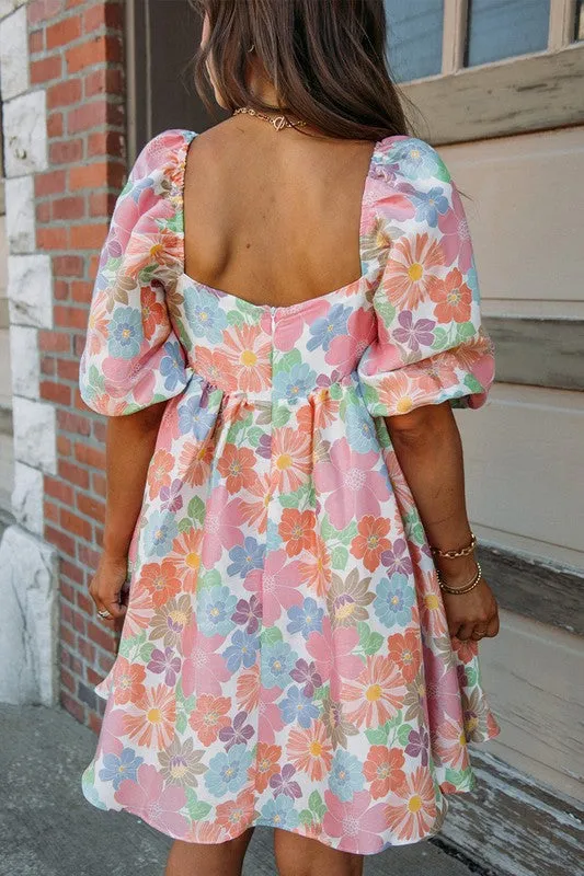 Flower Puff Sleeve Babydoll Dress   **This item has free shipping.**
