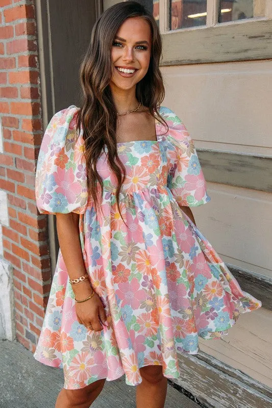 Flower Puff Sleeve Babydoll Dress   **This item has free shipping.**