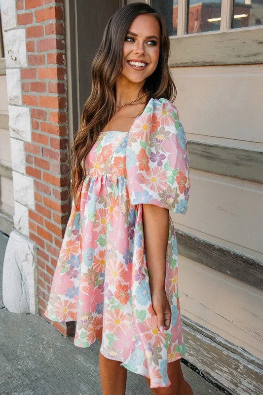 Flower Puff Sleeve Babydoll Dress   **This item has free shipping.**