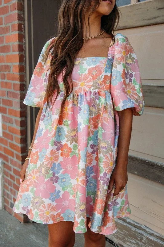 Flower Puff Sleeve Babydoll Dress   **This item has free shipping.**