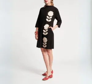 Frances Valentine - Annie Hi-Neck Posy Embroidered Wool Dress in Black and Oyster