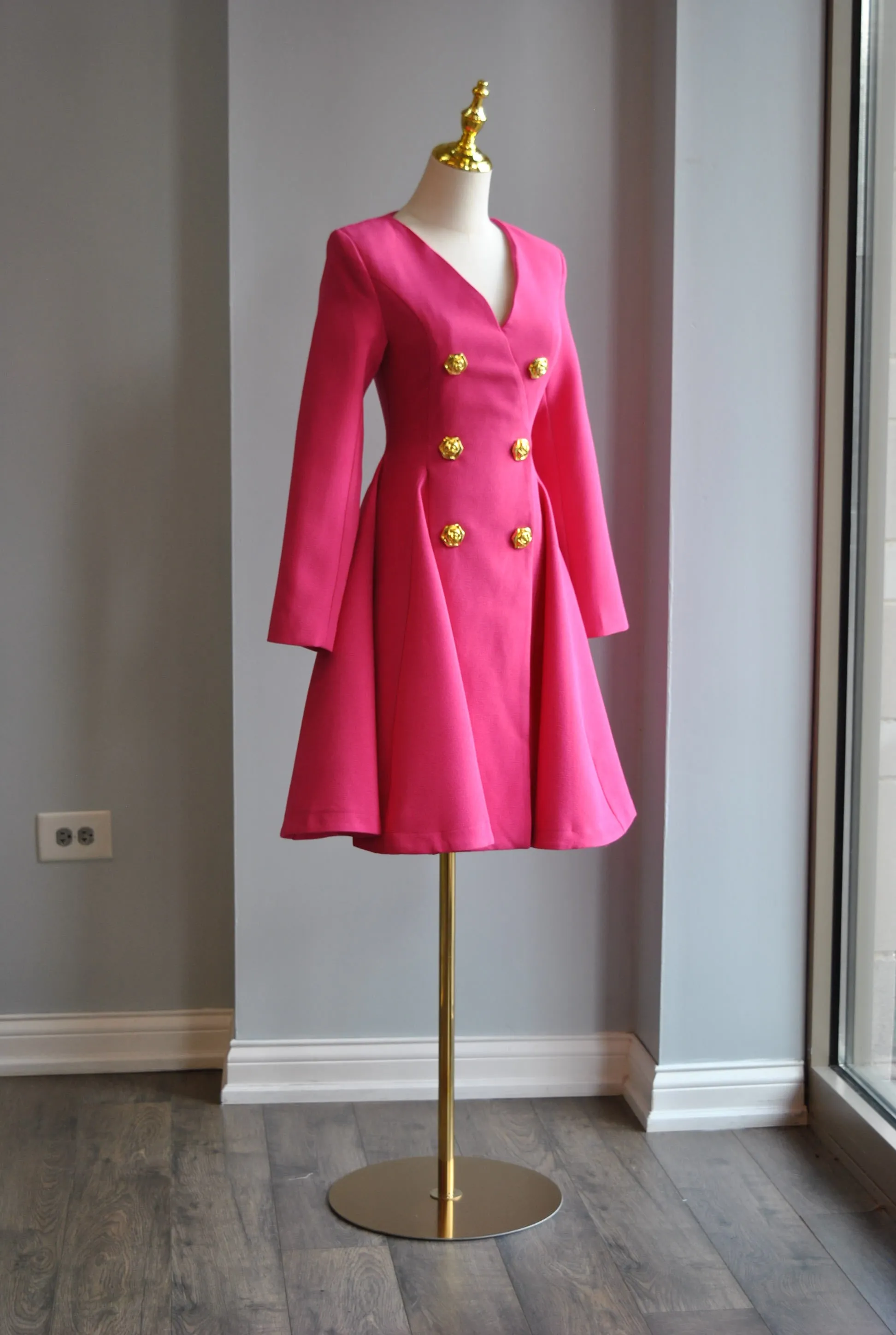FUCHSIA PINK FIT AND FLAIR DRESS WITH GOLD BUTTONS