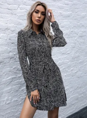 Long Sleeve Lapel Leopard Print Shirt Dress