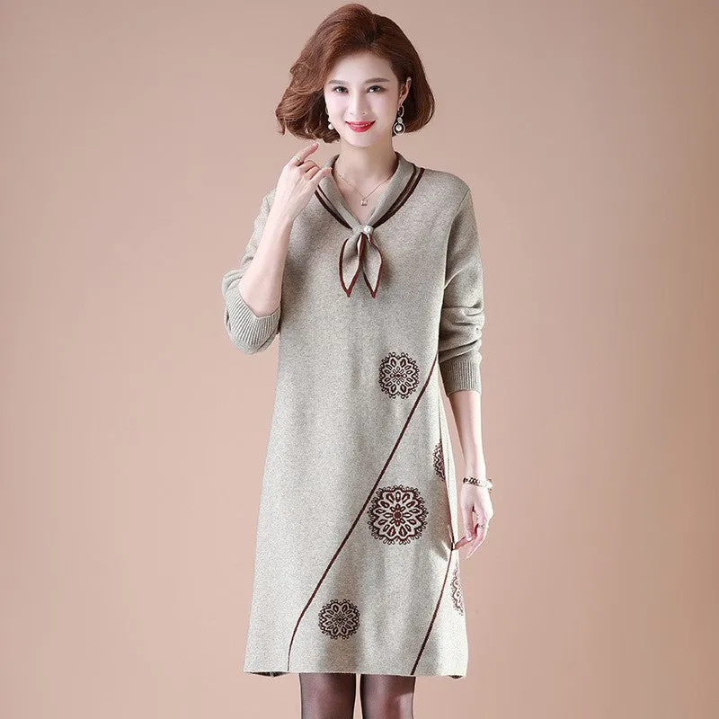 Neckerchief Collar Long Sleeve Knee Length A-line Floral Knit Dress