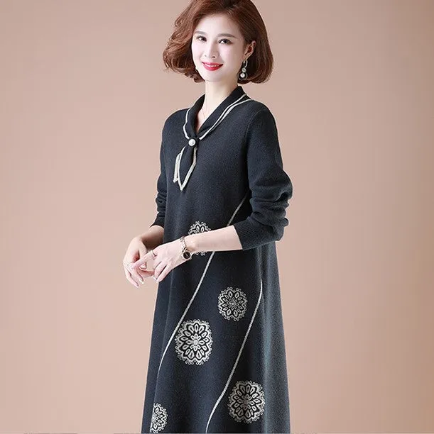 Neckerchief Collar Long Sleeve Knee Length A-line Floral Knit Dress