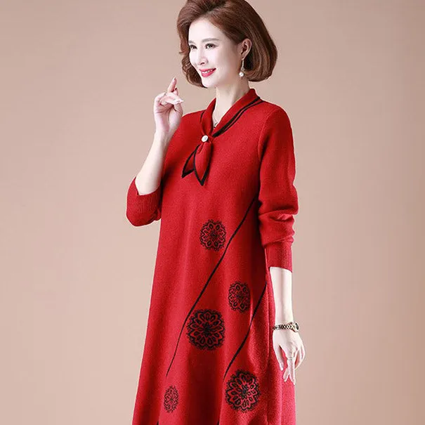 Neckerchief Collar Long Sleeve Knee Length A-line Floral Knit Dress