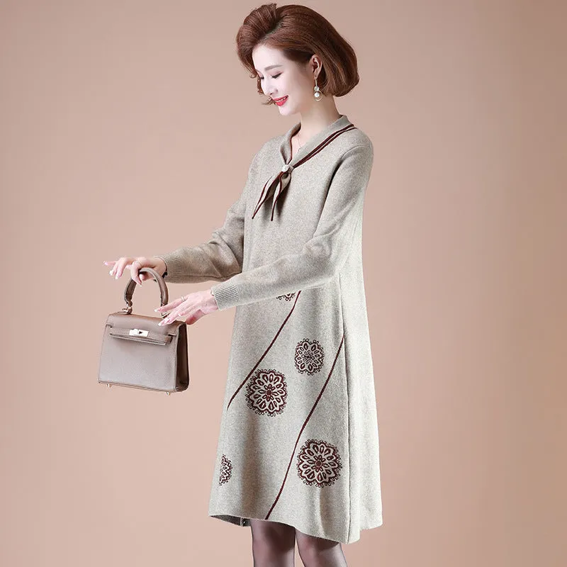 Neckerchief Collar Long Sleeve Knee Length A-line Floral Knit Dress