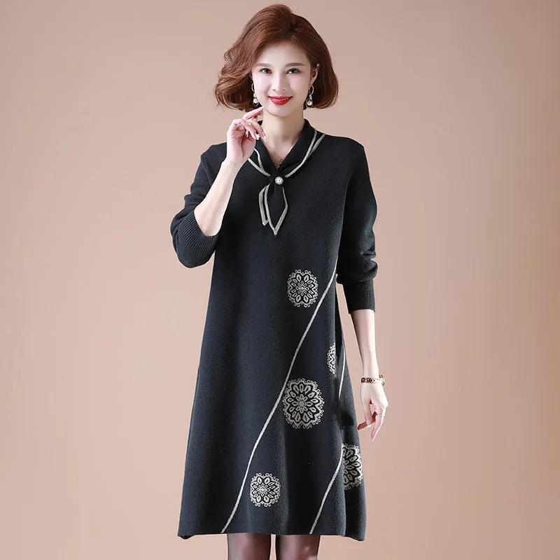 Neckerchief Collar Long Sleeve Knee Length A-line Floral Knit Dress