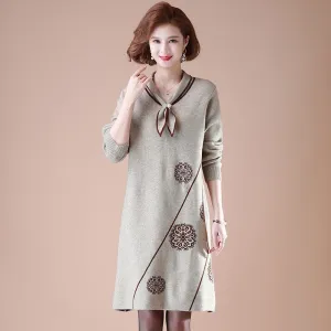 Neckerchief Collar Long Sleeve Knee Length A-line Floral Knit Dress