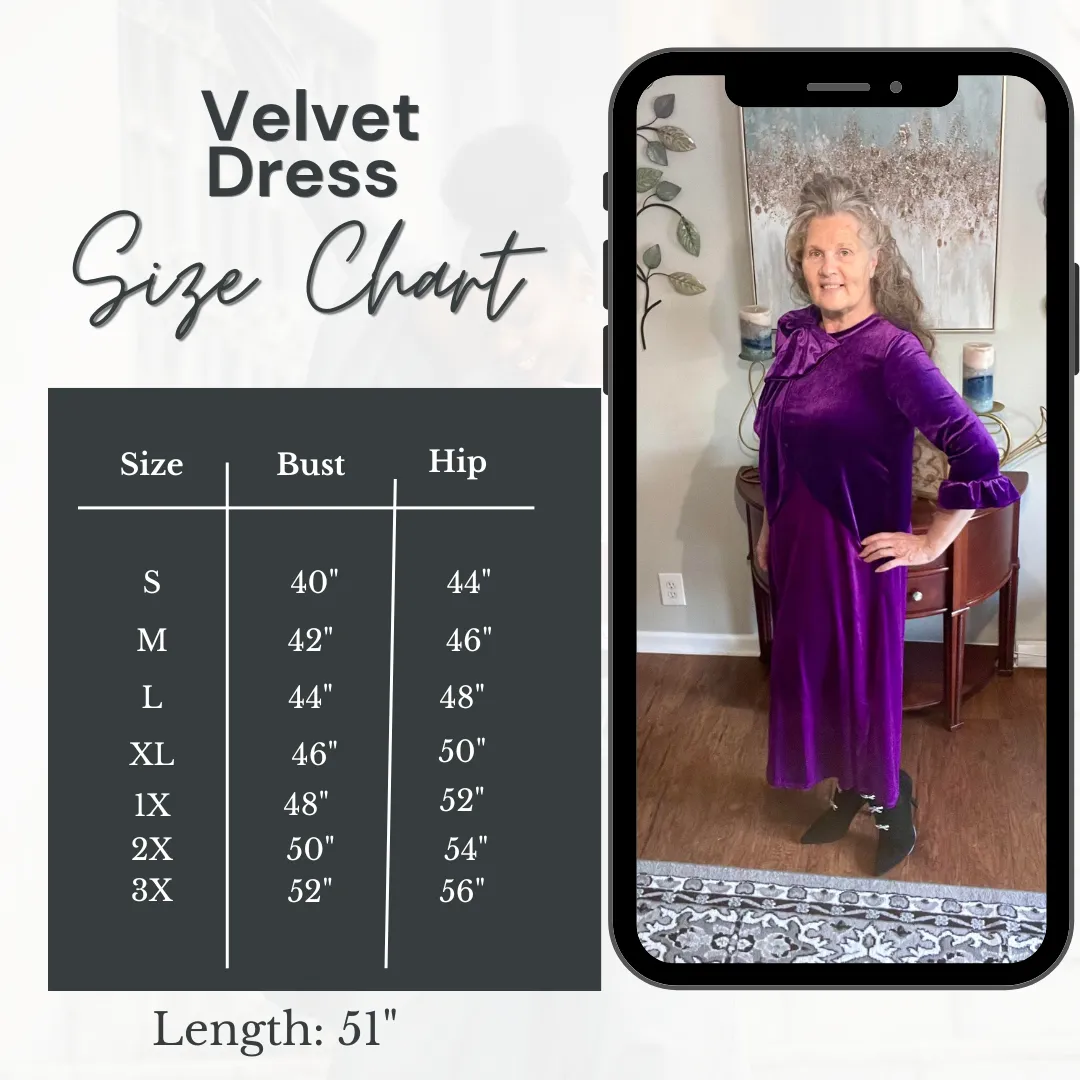 Purple/Plum Velvet Dress:  S-3X.  Can Be Returned For Exchange Only!