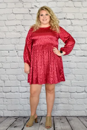 Satin Animal Print Long Sleeve Babydoll Dress in Plus Size by Umgee Clothing