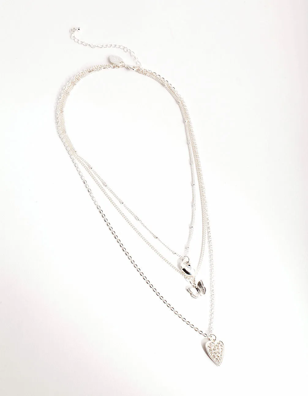 Silver Short Diamante Heart 3-Row Necklace