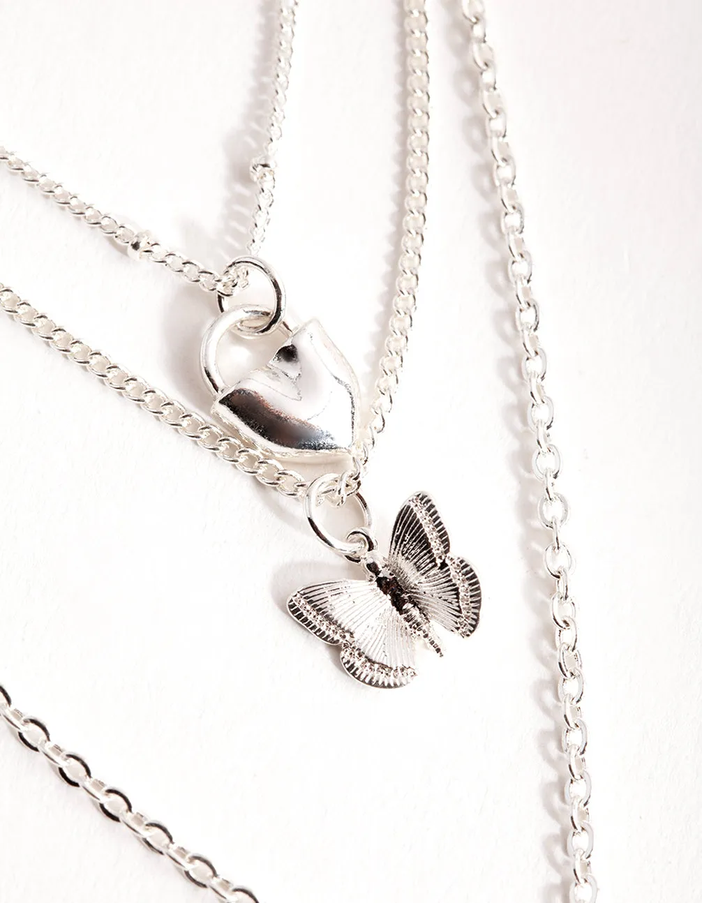 Silver Short Diamante Heart 3-Row Necklace
