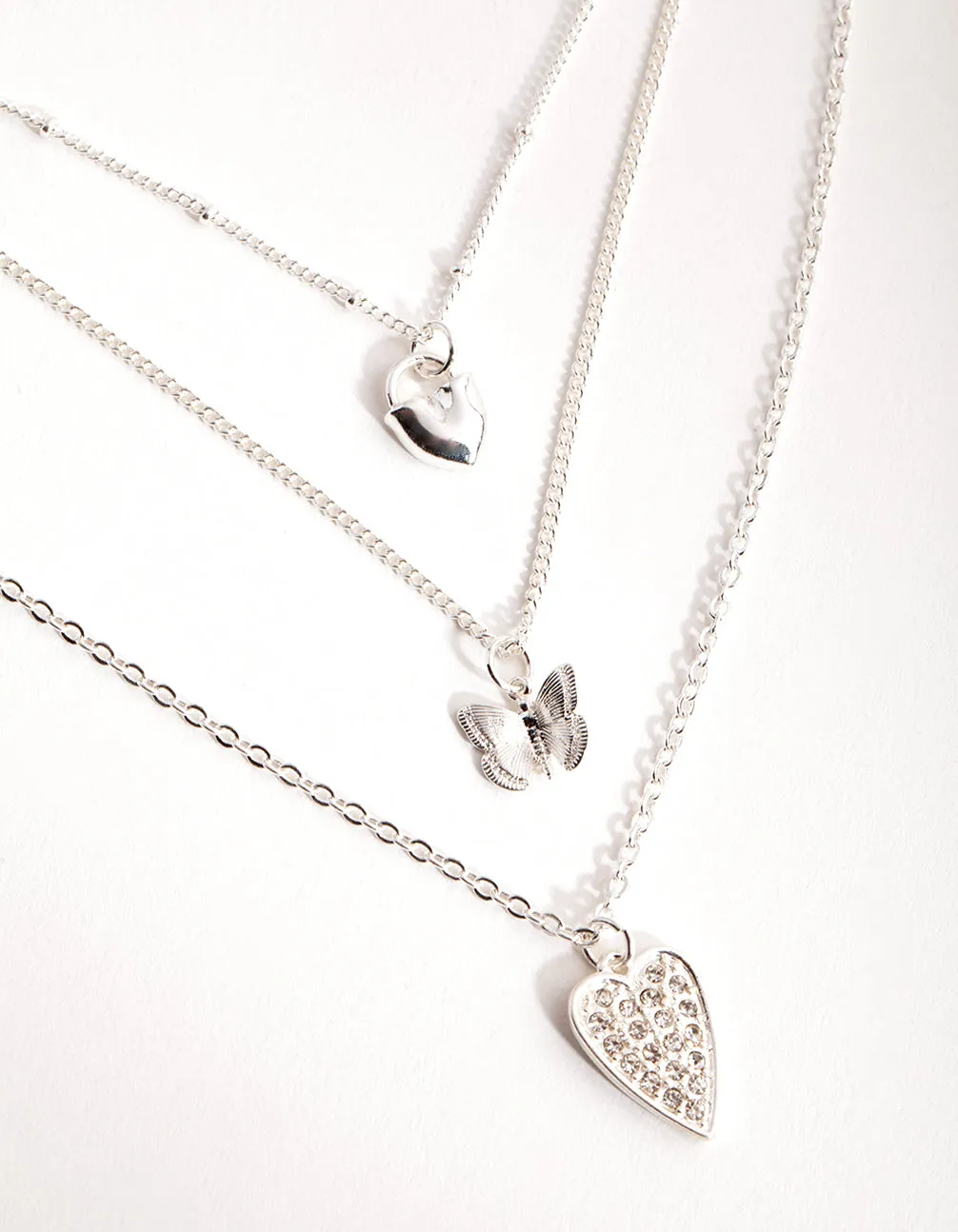 Silver Short Diamante Heart 3-Row Necklace