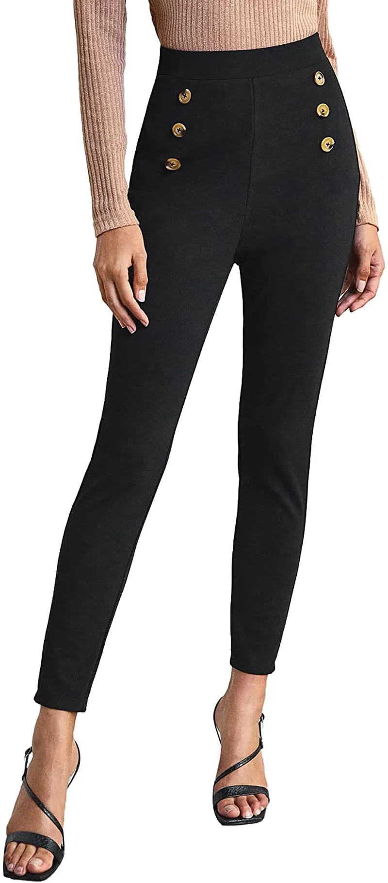 SOLY HUX Women's Pocket Side Elastic High Waist Elegant Trousers Skinny Pants