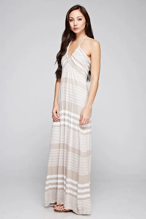 Striped Knit Braided Sleeveless Halter Maxi Dress