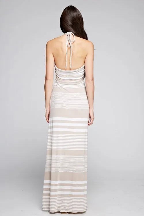 Striped Knit Braided Sleeveless Halter Maxi Dress