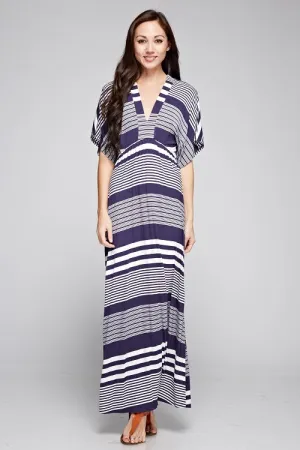 Striped Knit Plunge V Kimono Sleeve Maxi Dress