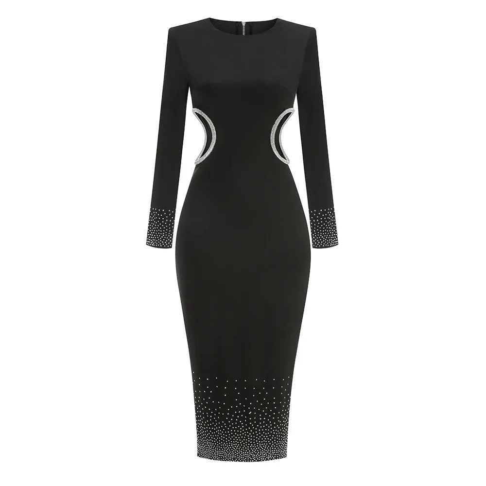 Trend4us Women's Elegant Cutout Beaded Long Sleeve Dress
