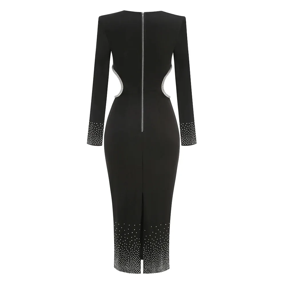 Trend4us Women's Elegant Cutout Beaded Long Sleeve Dress