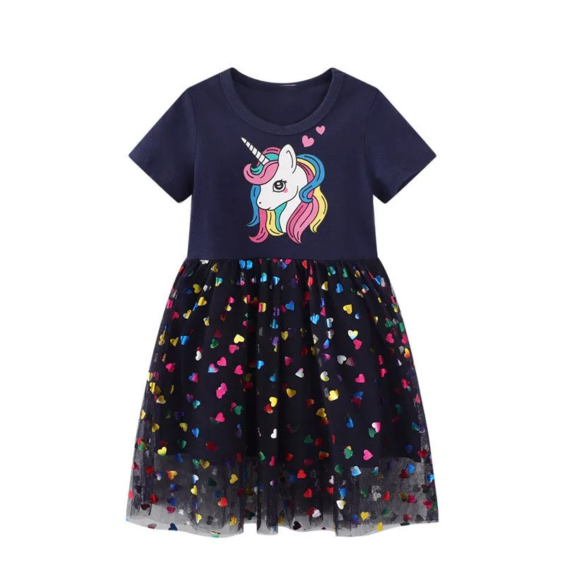Unicorn Design Blue Short Sleeve Girls Summer Tutu Dress