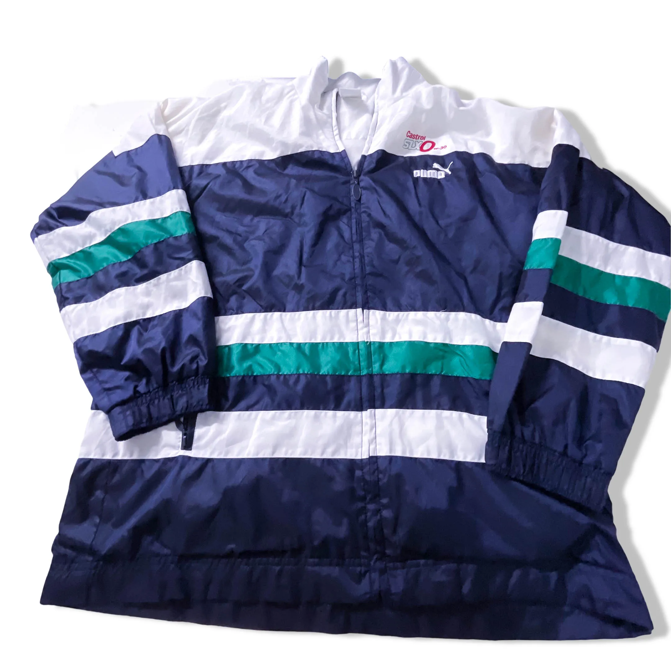 Vintage Men's Puma Castrol black multi stripe full zip jacket in S|L31 W22|SKU 3882