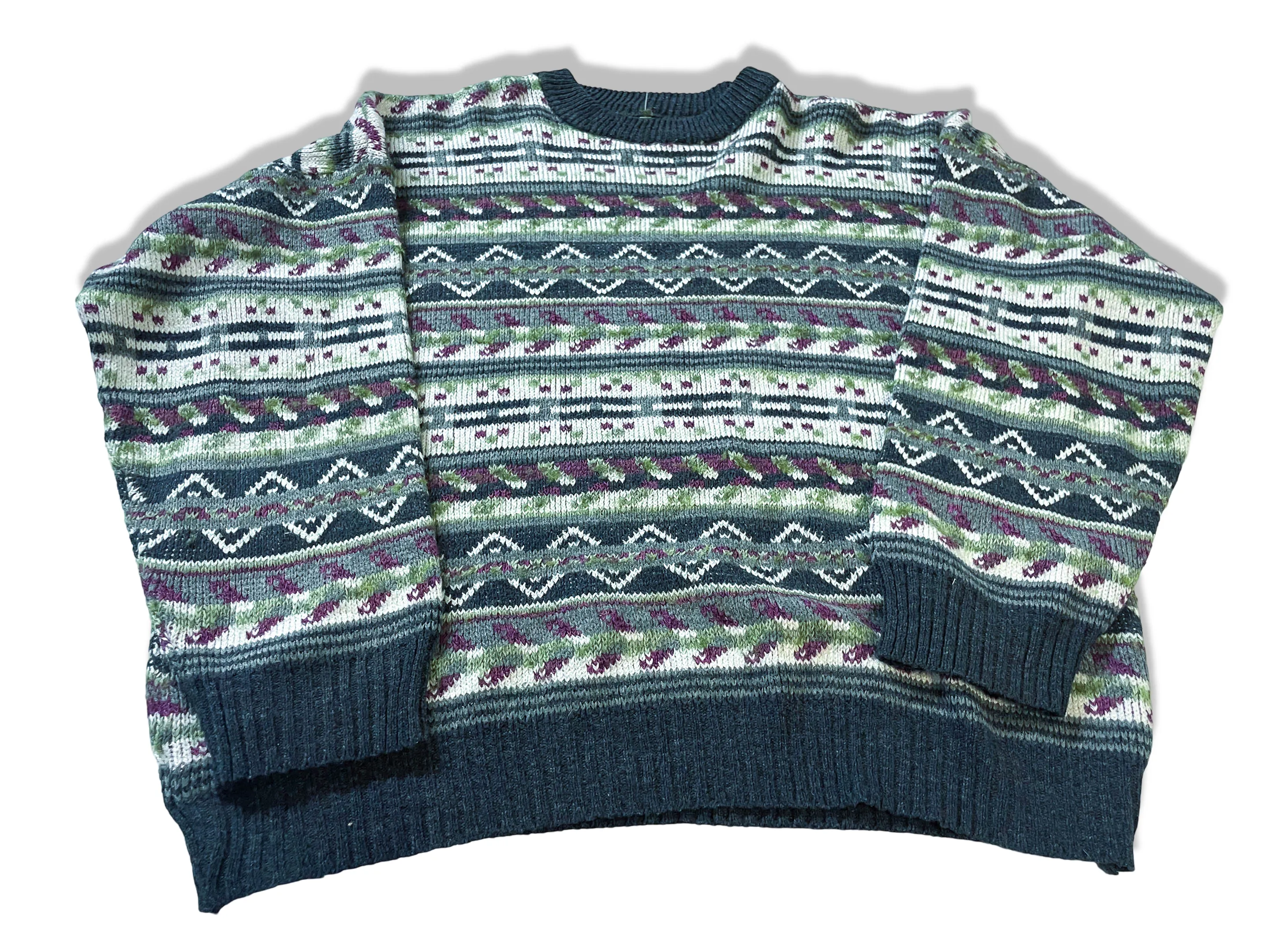 Vintage Multi-Stripe Geometric Pattern Knitted Crew Neck Sweater|L 25 W24| SKU 3989