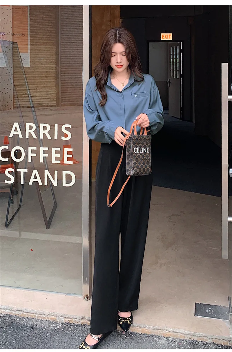 Wjczt Casual Loose High Waist Wide Leg Pants Women Autumn Solid Slim Straight Suit Pant Female Button Floor-Length Trousers