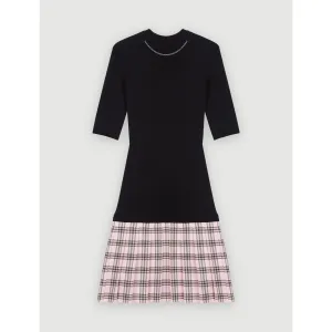 Women Checked Wool And Knit Dress - Black