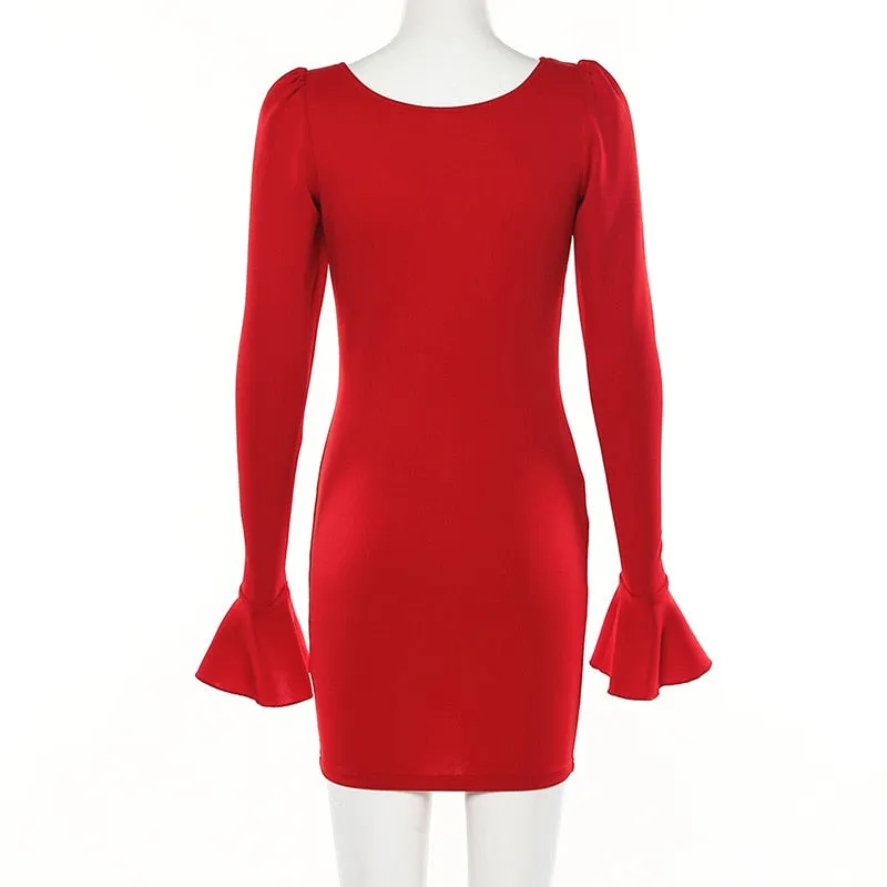 Women's Autumn V-Neck Bodycon Stretchy Mini Dress