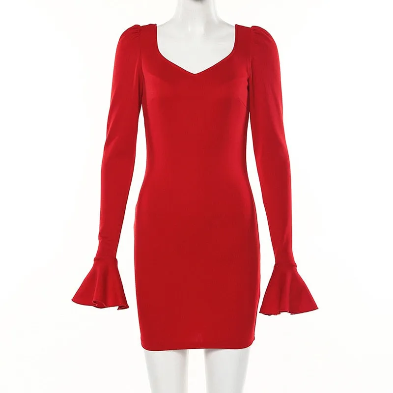 Women's Autumn V-Neck Bodycon Stretchy Mini Dress