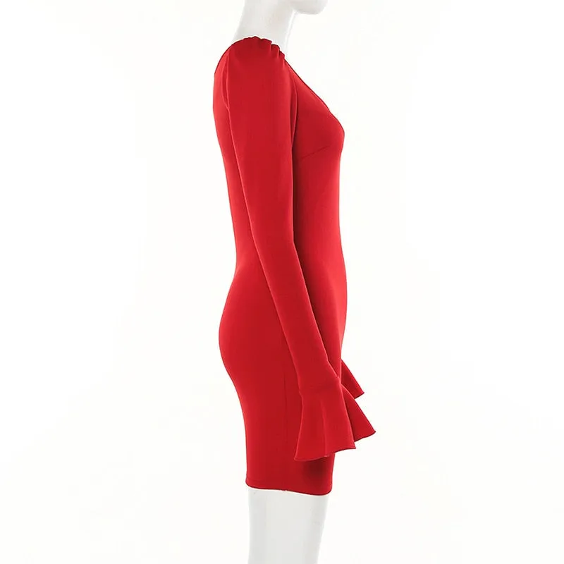 Women's Autumn V-Neck Bodycon Stretchy Mini Dress