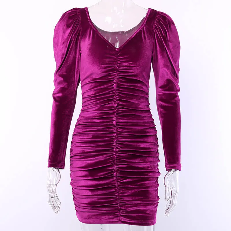 Women's Autumn V-Neck Ruched Skinny Mini Dress