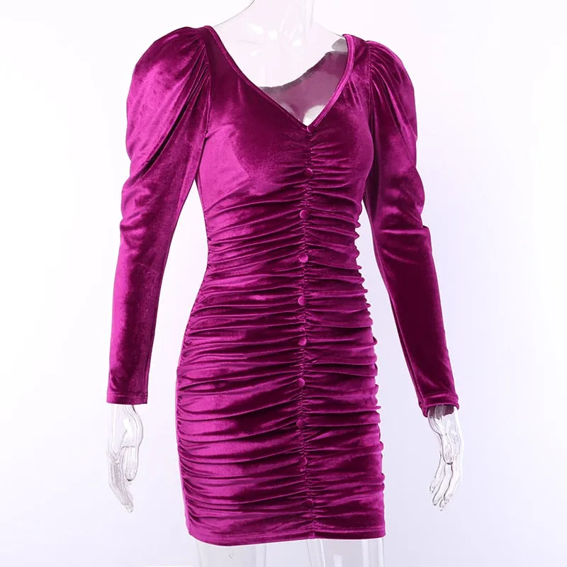 Women's Autumn V-Neck Ruched Skinny Mini Dress
