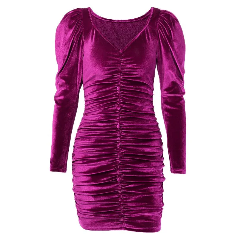 Women's Autumn V-Neck Ruched Skinny Mini Dress