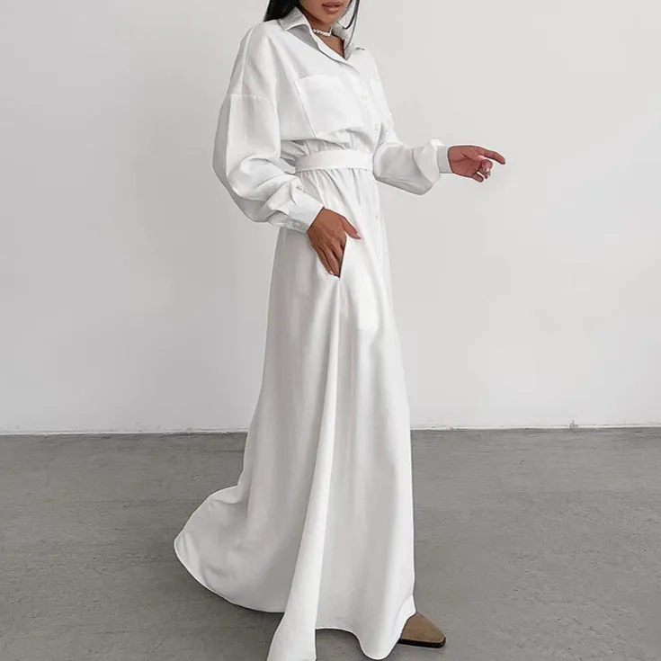 Women's French Collar Slim Shirt Dress - Elegant White Fitted Dress for Everyday Wear
